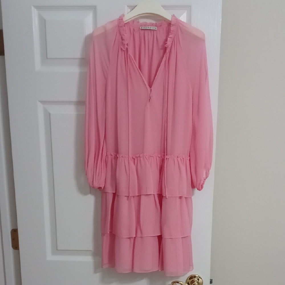 Alice + Olivia Pink Tiered Ruffle Long-Sleeve Dress